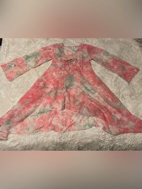 Style 101 Ganz Sheer Tie Dye Dress M Y2K High Low Boho Beach Cover Up Pink/Green